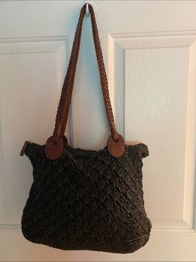 Talbots crochet Tote with leather, braided Straps.